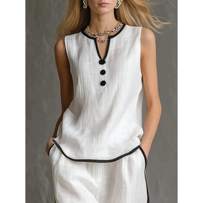 Casual Women Blocking Loose Sleeveless Button Vest Elastic Waist Wide Leg Pants Two Peice Set Summer V Neck Ladies Outfit