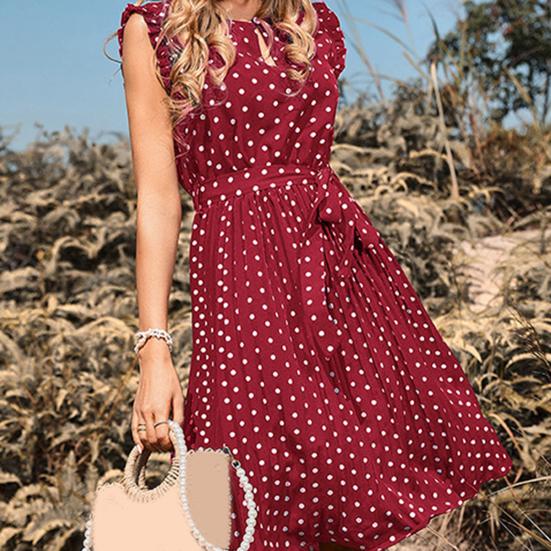 FASHION Dot Print Belt Pleated Hem Women Dress O-neck Flying Sleeve Front Hollow Mini Dress