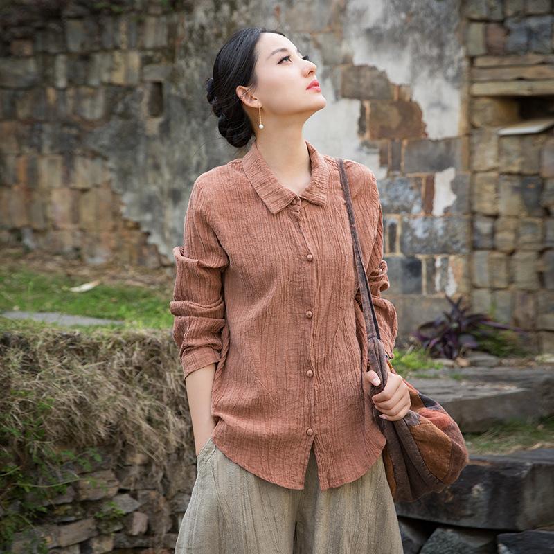 

Johnature Women Vintage Tie-dye Shirts Tops Turn-down Collar Long Sleeve Button Spring Chinese Style Blouses One Size оранжевый