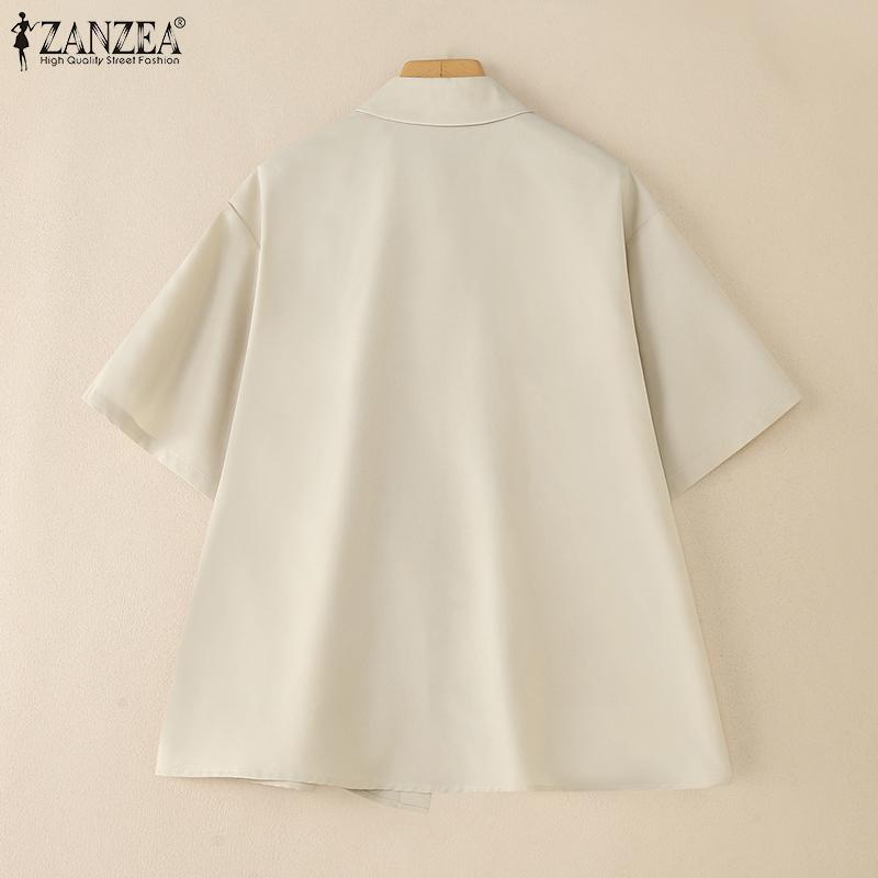 ZANZEA Women Casual Turn Down Collar Loose Short Sleeve Irregular Blouse