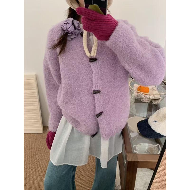 Circle yarn sweater jacket women's autumn and winter new lazy style loose retro horn buckle knitted cardigan