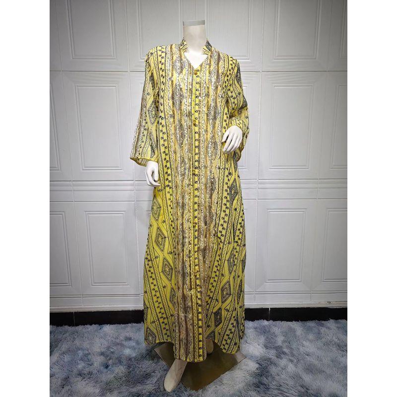 

Middle East New Arrival Fashion Mesh Embroidered Sequin Stitching Dress Embroidered Sequin Dress Yellow XL