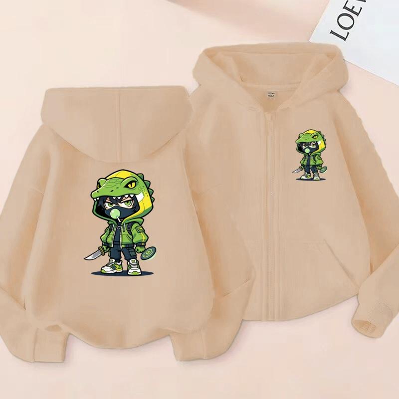 2026 New Style Children's Sporty Zippered Hooded Sweatshirt Casual Jacket with Cartoon Lizard Pattern for Ages 3 To 12
