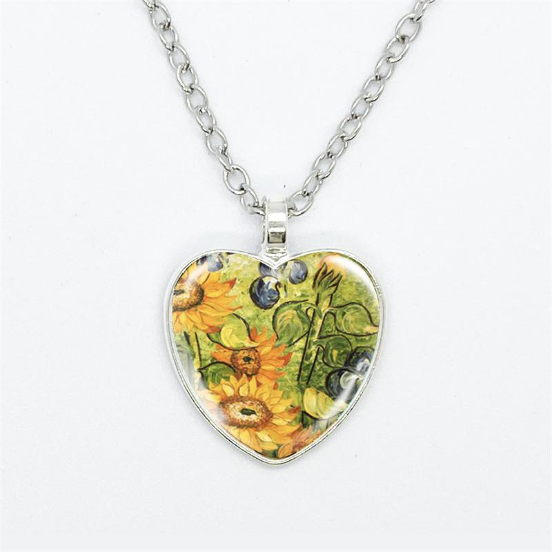 Fashion Van Gogh Art Starry Night Sunflower Necklace Glass Cabochon Painting Heart Pendant Printed Photo Necklaces