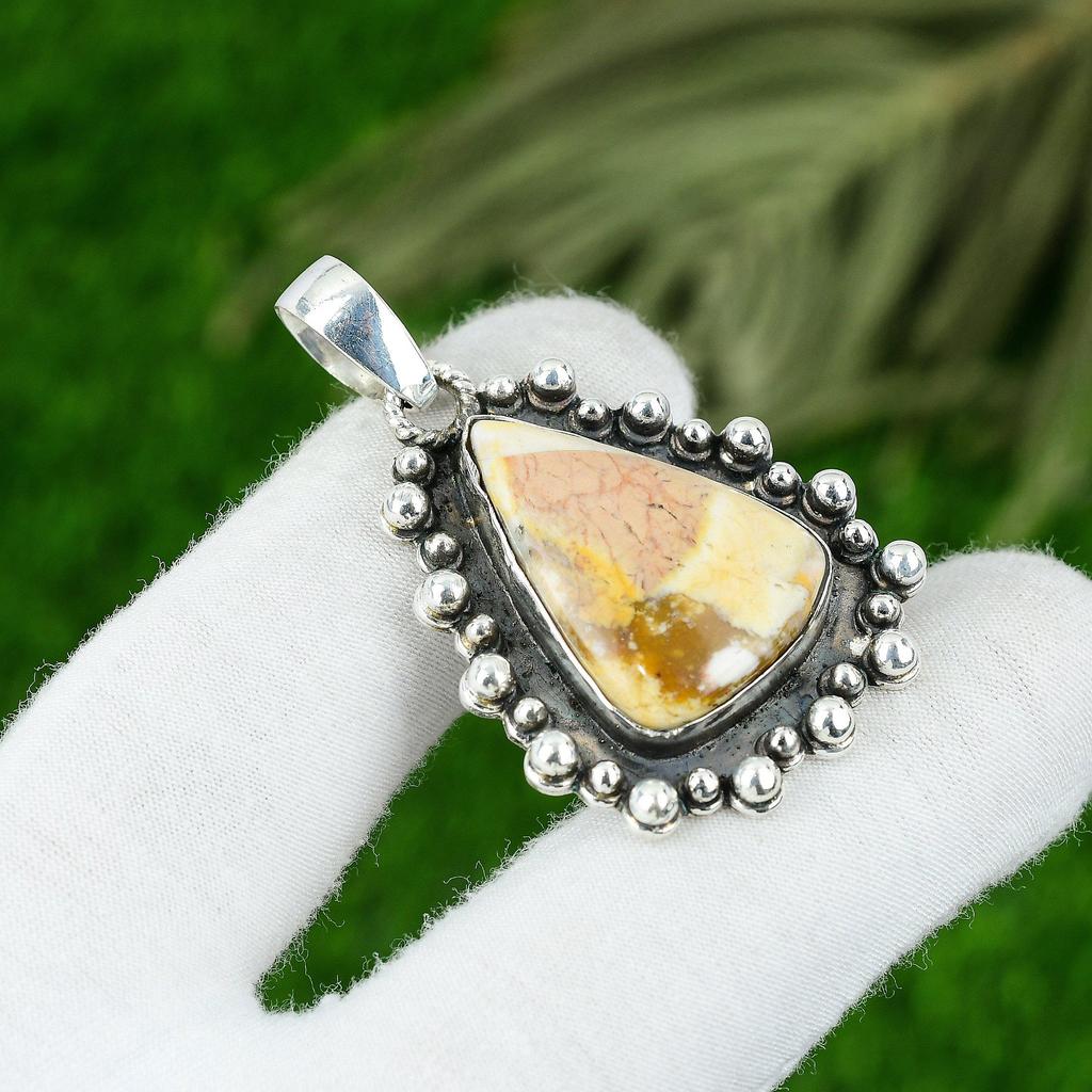 Natural Mookaite Gemstone Pendant Yellow 925 Sterling Silver Indian Jewelry