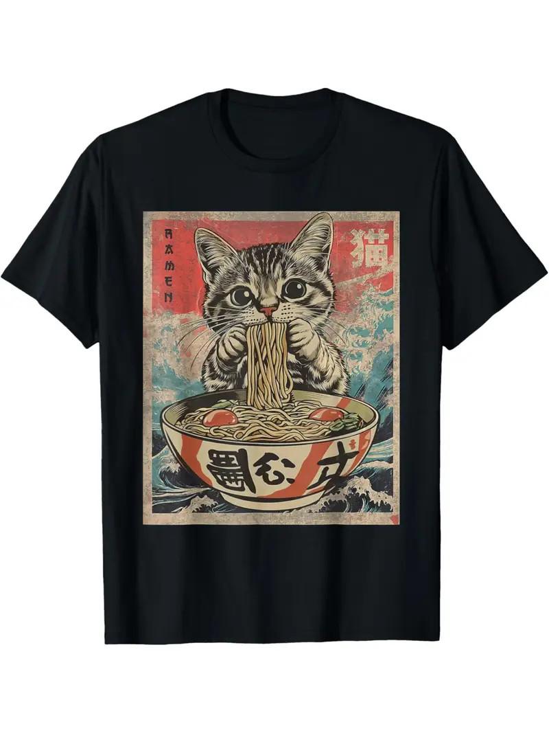 Cat Eating Ramen Kawaii Anime Japanese Food Graphic Unisex Shirt S разноцветный