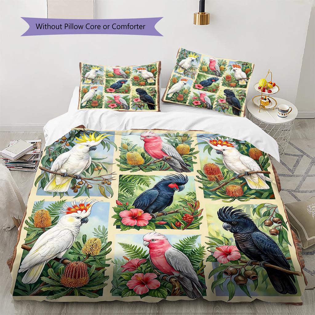 Retro Flower Parrot Pattern Bedding,Quilt Set Quilt Cover Pillowcase Home Birthday Gift (1 * duvet cover + 2 * pillowcase, without core)