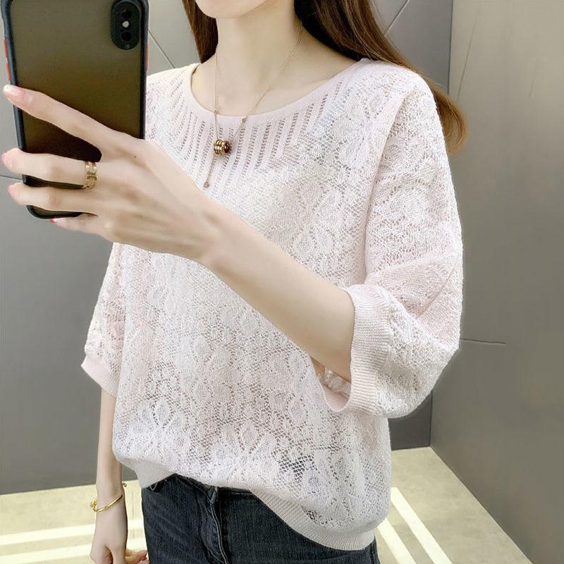 Hollow Knit T-shirt for Women Spring and Summer Round Neck Knit Sweater Loose Top for Women