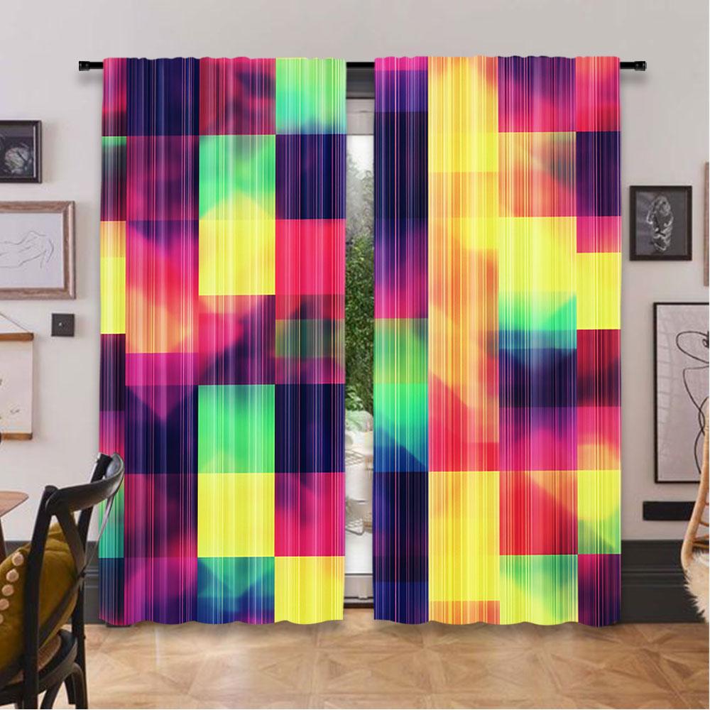 2Pcs Abstract Curtains Rainbow Colored Geometric Square Shaped Blurry Effects Watercolor Design For Bedroom Bathroom Living Room