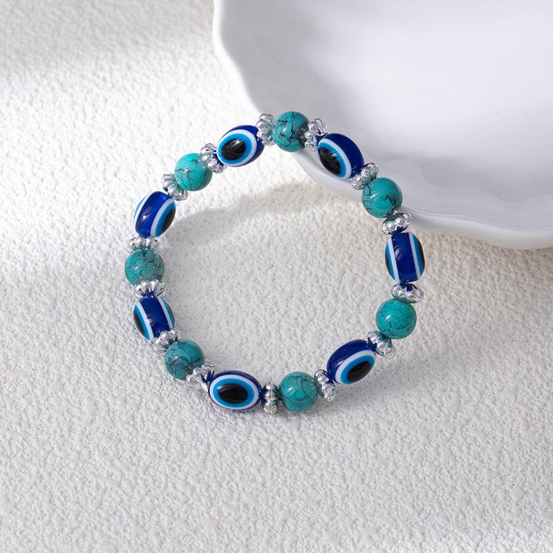 Vintage Handmade Colored Turquoise Beads Devil'S Eye Bracelet Fashion Personality Beaded Eye Elastic Bracelet