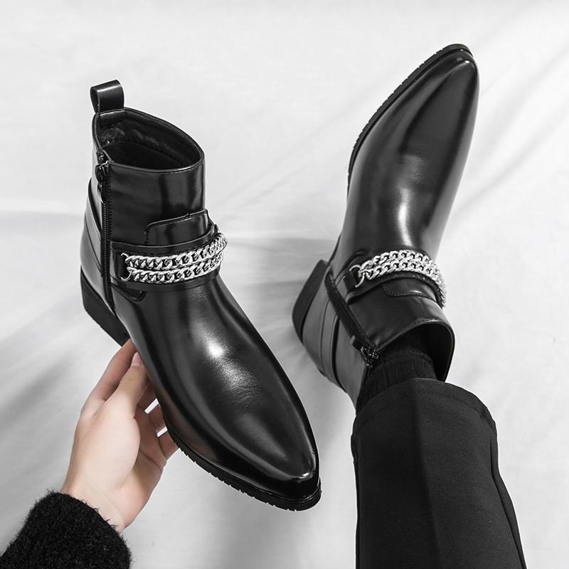 British Style Men's Comfortable Pointed Side Zipper Knight Boots Brand Autumn Men's Metal Cool Breathable Leather Boots