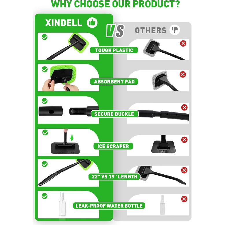 XINDELL Windshield Cleaner Tool – 22" Portable Car Window Cleaning Brush, Ergonomic Handle, Microfiber Pads For Streak-Free Glass Cleaning, Auto