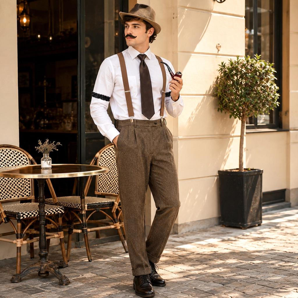 1920s Vintage Men Accessories Set Fedora Hat Suspenders Bow Tie Pocket Watch Smoking Pipe Mustache Stickers for Party Costume