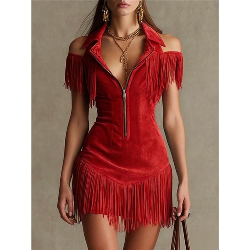 Mini Robe Western à Franges pour Femme Épaule Dégagée Revers Fermeture Éclair Coupe Moulante Robe Courte à Franges XXL rouge