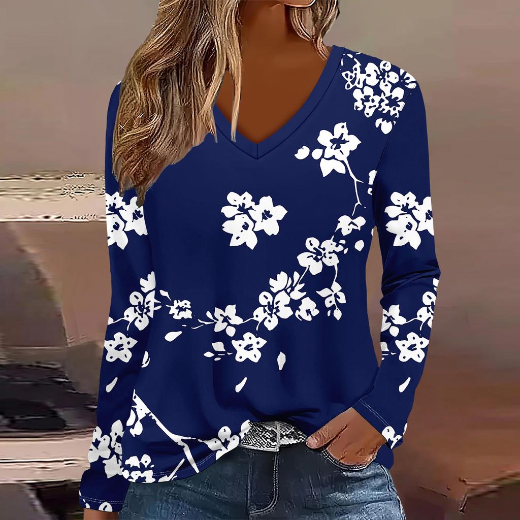 Europäische und amerikanische Mode Damen Elegantes V-Ausschnitt Langarm T-Shirt