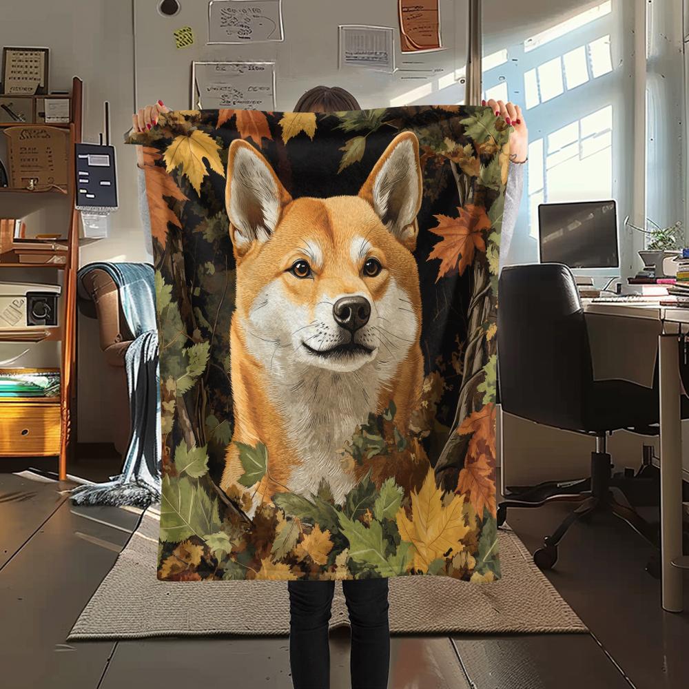 Shiba Inu and Leaves Pattern Flannel Blanket, High Quality Comfortable for All Seasons, Home Decor, Warmth and Comfort, Perfect for Gifts.