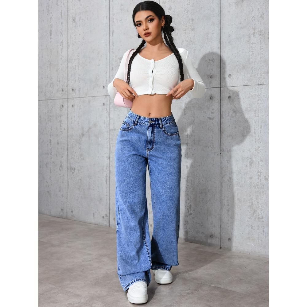 Damen Jeans mit hoher Taille und geradem Bein, Lockere Wide Leg Jeans aus Denim, Säuregewaschen Hellblau Dehnbare Jeans mit Taschen, Lässige Büro-Arbeitshosen