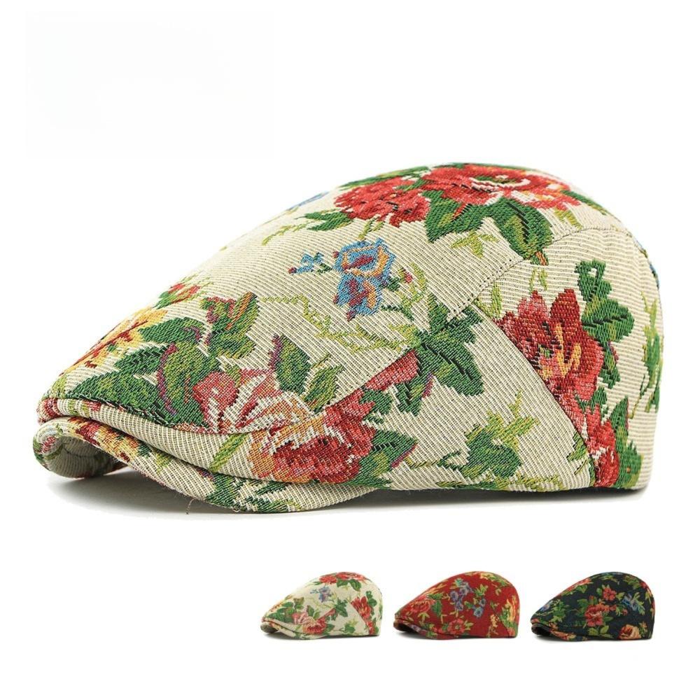 Yiran Dayang Hat Men's Fashion Flower Embroidery Beret Hats Adjustable Retro Flat Cap Casual Duck Tongue Hat