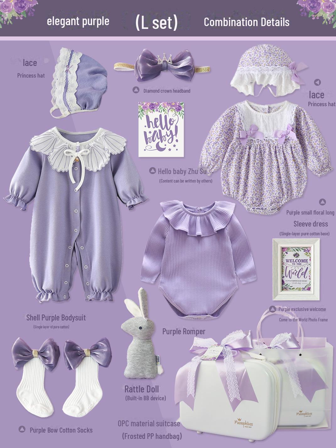 

Подарункова коробка для маленької принцеси: Фіолетовий комплект з чистої бавовни для новонароджених дівчаток Size 66 (1 month - 3 months)