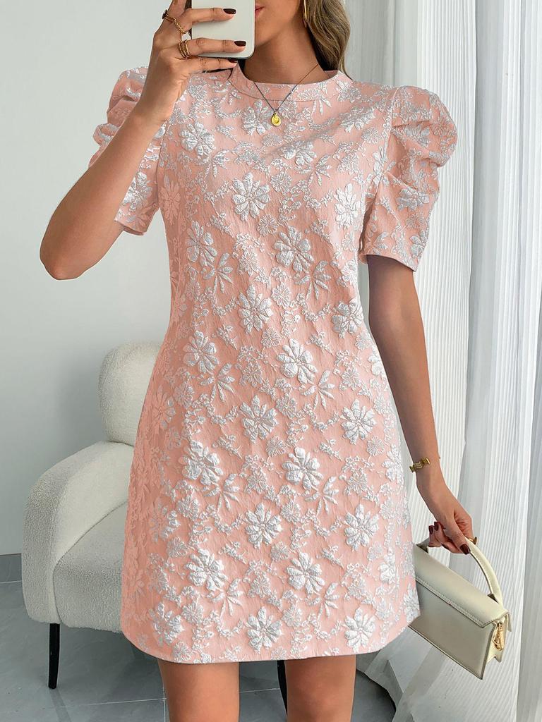 Women's Casual Puff Sleeve Jacquard Dress