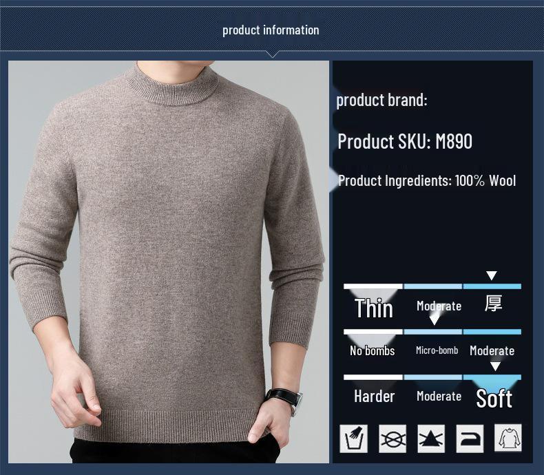 Men's 100% Wool Sweater, 2025 Autumn/Winter, Thickened Warm Half-High Collar, Middle-Aged Dad Knitwear