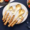 7Pcs Natural Bamboo Handle Stainless Steel Tableware Sets Flatware Set Dinnerware Steak Knife Cutlery Dessert Spoon and Fork Set