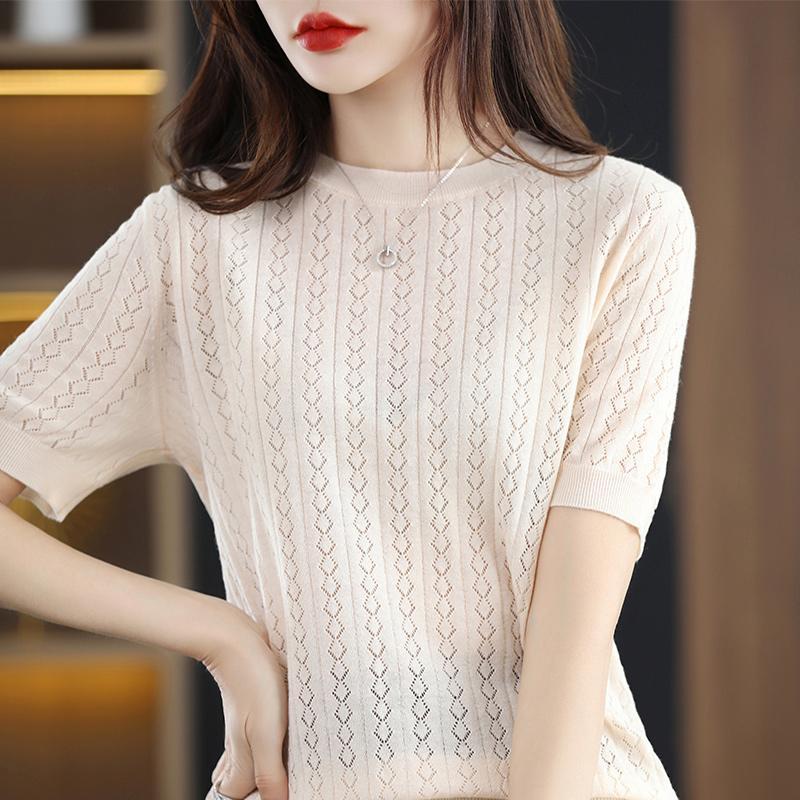 Ice Silk Short Sleeved T-shirt Women's Summer Round Neck Hollow Out Loose and Versatile Knitted Half Sleeved Base Shirt Top
