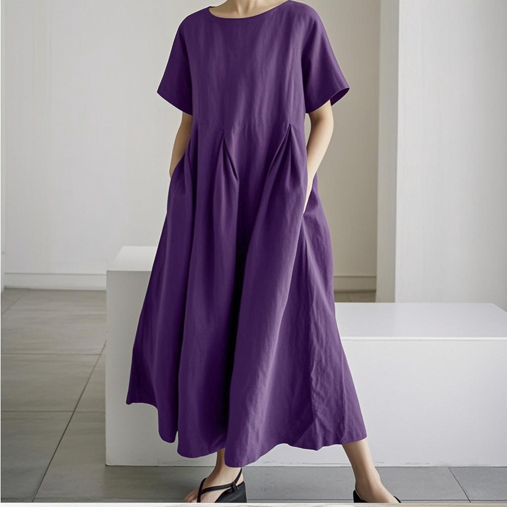 Abito da Donna Primavera Estate Cotone-Lino Ampio Girocollo alla Moda Taglie Forti Manica Corta Casual Comodo Lungo