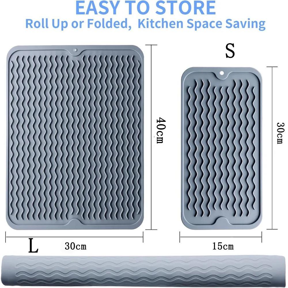 Silicone Dish Drying Mat Non-Slip Drying Rack Pad for Kitchen Counter Heat Resistant Food-Grade Drain Board Dishwasher Safe