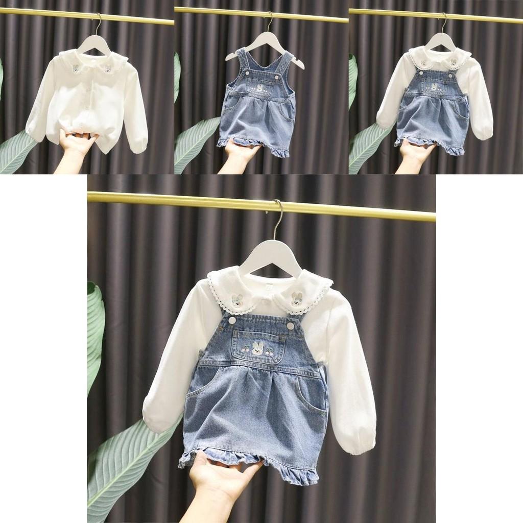 Adorable Baby Girls Spring Apparel Set With Chic Denim Pinafore Skirt And Soft Cotton Blouse For Toddlers