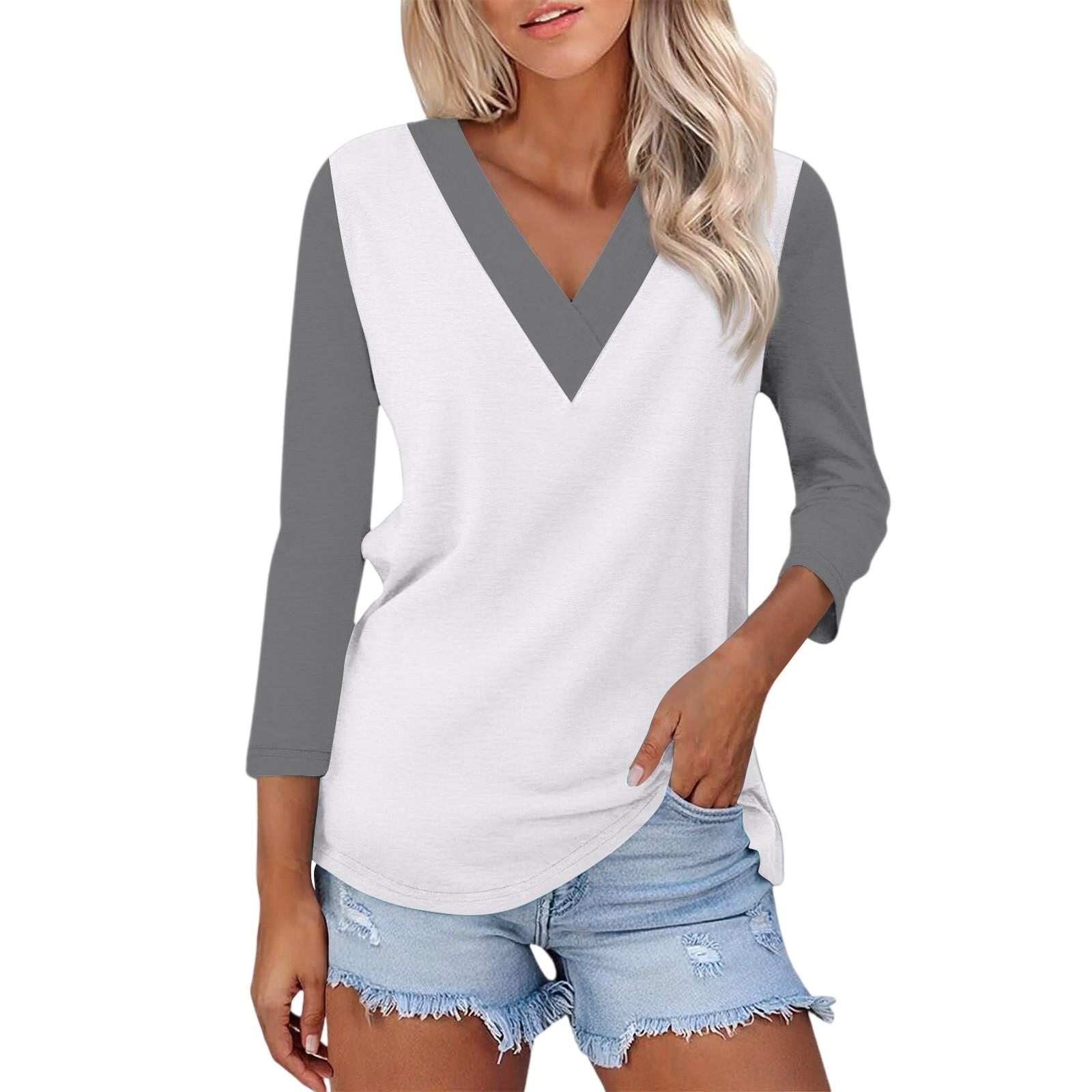 

Женский повседневный модный сексуальный удобный топ с V-образным вырезом, цветной вставкой и рукавом три четверти XXL