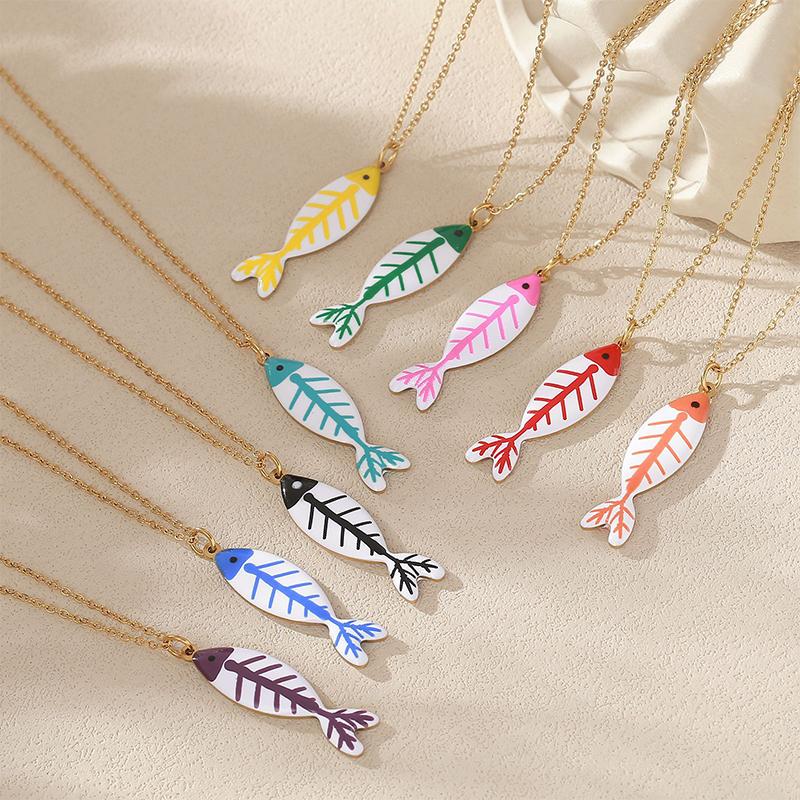 Cute Colorful Enamel Fish Pendant Necklaces For Women Girls Lovely Stainless Steel Gold Color Summer Waterproof Beach Jewelry