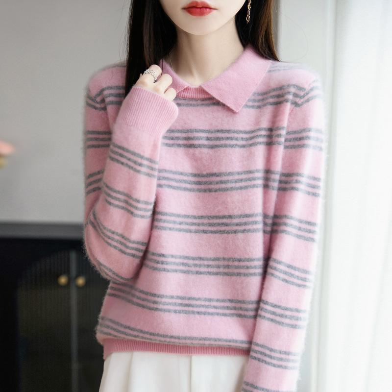 Small Lapel Color Block Stripe Wool Sweater - Autumn/Winter Long Sleeve Slim Fit Pullover for Women