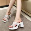 Fashion Plus Size Fashion Block Heel Slippers Summer New Round Toe Open Toe Woven Cutout Platform High Heel Mopping