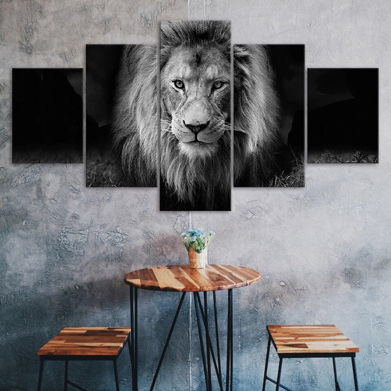 

Lion Wild Animal Black and White Scene 5 Piece Five Panel Wall Canvas Print Modern Art Poster Picture Home Decor Gift For Him For Her 20X35 20X45 20X55CM