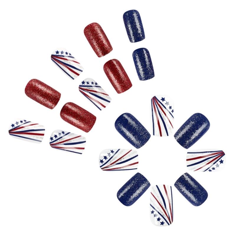Set di Unghie Finte Glitterate per la Festa dell'Indipendenza 24 pz Mandorla Press on Nail Manicure Decorazioni per Unghie Unghie Artificiali Stick on Nail