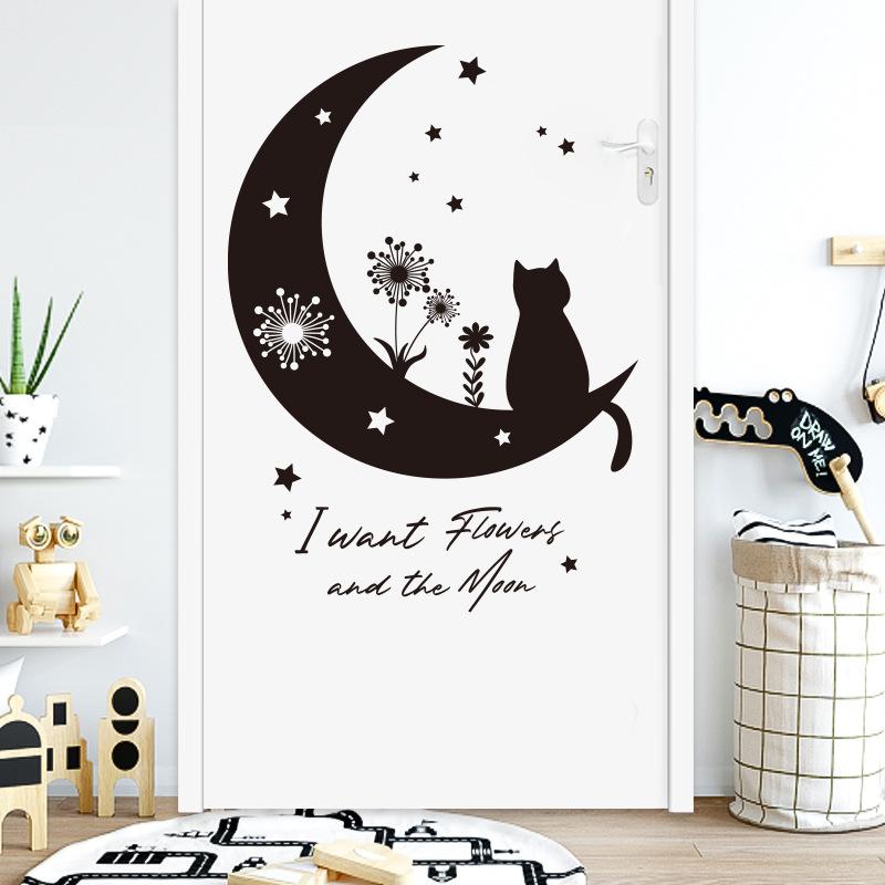 Black Moon Cat Wall Stickers Stars Home Bedroom Decor Peel and Stick Wall Art Removable Vinyl Decals for Room Beautification