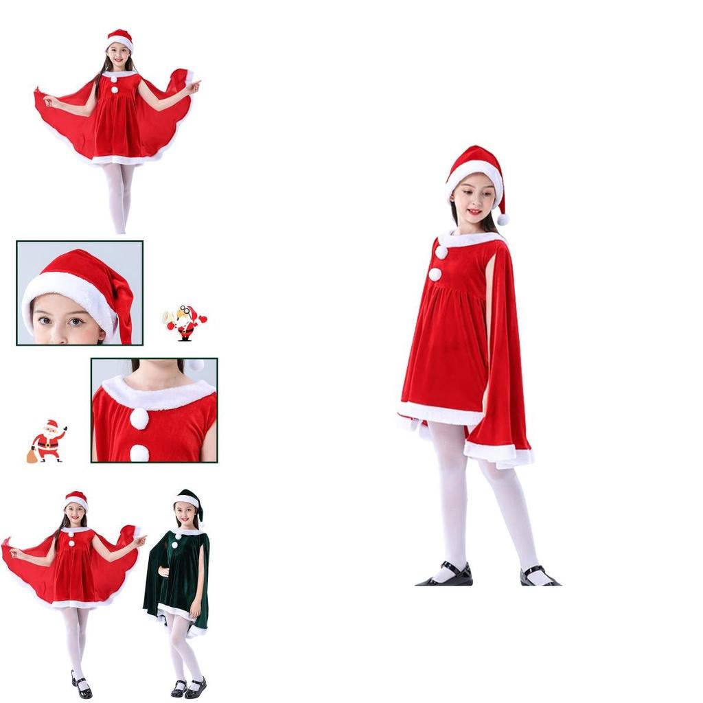 Чарівний Різдвяний Оксамитовий Костюм для Маленьких Дівчаток з Плащем-Накидкою Санта Клаус Ельф