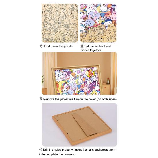 Wooden Rabbit Coloring Puzzle Kit with Marker Pens Glue DIY Hand-Painted 3D Irregular Bunny