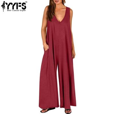 Pantaloni e tute da donna alla moda casual, estivi e primaverili, tinta unita, con stampa, senza maniche, scollo a V, larghi e con vita alta.