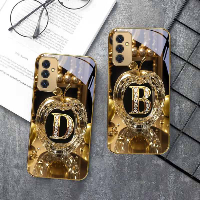 Kristallgyllene bokstav 'A' För Samsung Galaxy S 21 S22 S23 Plus S24 Ultra S20 FE 25Ultra S21+ S9+ 22Plus Gyllene glasfodral för telefon