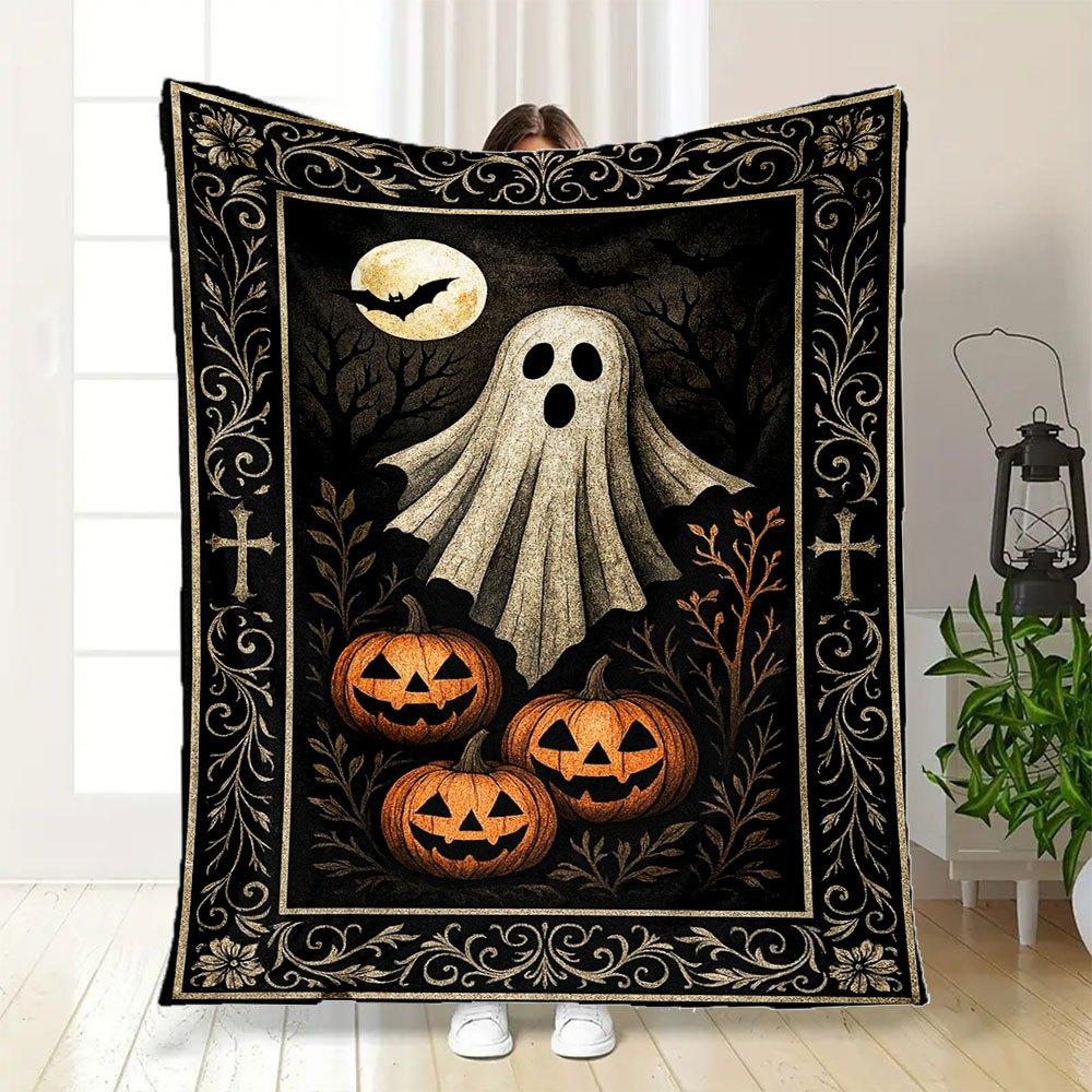 Halloween Ghost and Pumpkins Decorative RugBlanket Flannel Throw Blanket for Sofa, Bed, Travel, Camping, Office, Couch, Chair, And Bed Gift