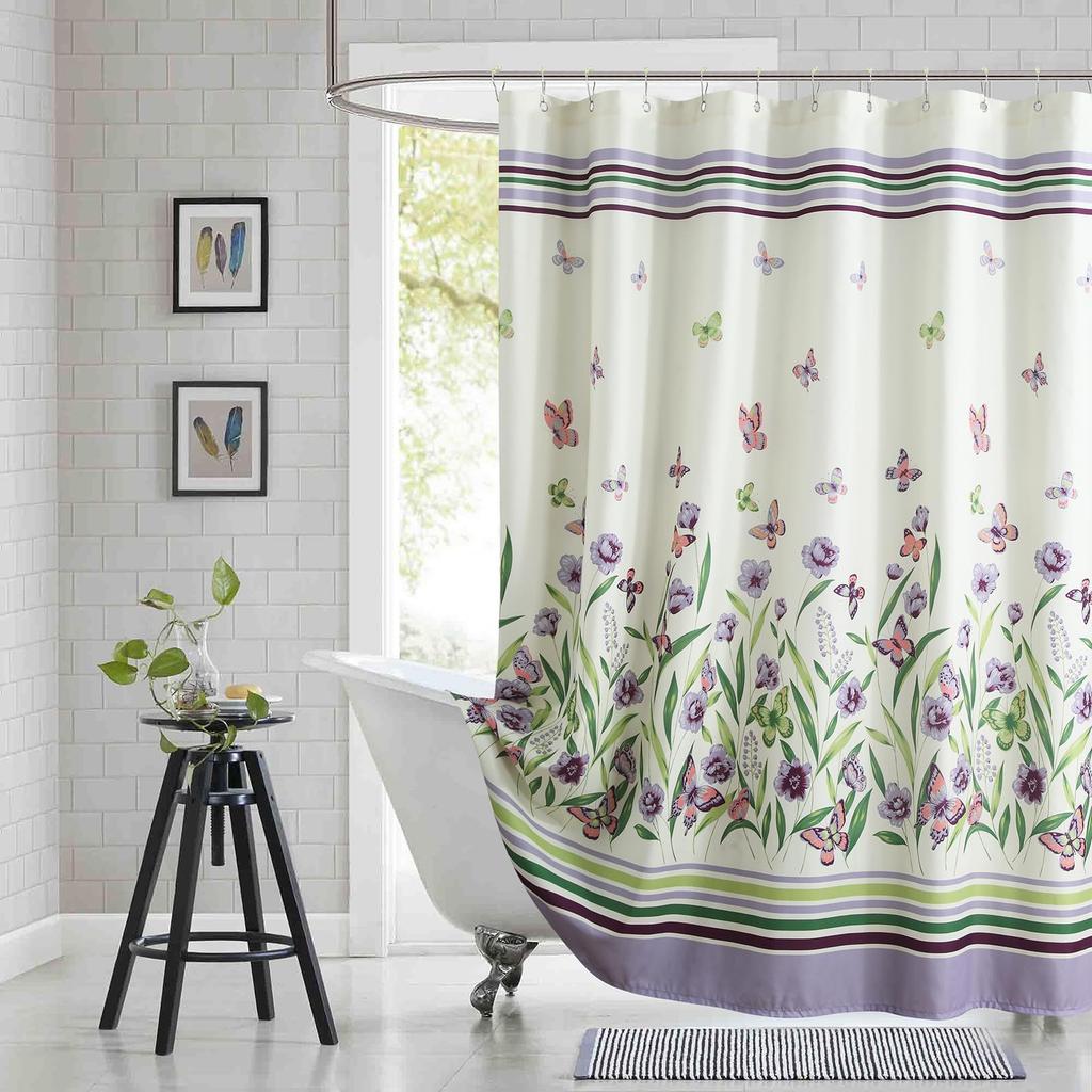 Floral Pattern Fabric Shower Curtain, Beige Gray Plant Bathroom Shower Curtain, Waterproof Bathroom Shower Curtain Curtain