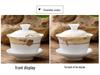 Blue and White Ceramic Gaiwan Tea Set: Small Tea Bowl & Tasting Cup with Concave Lid.