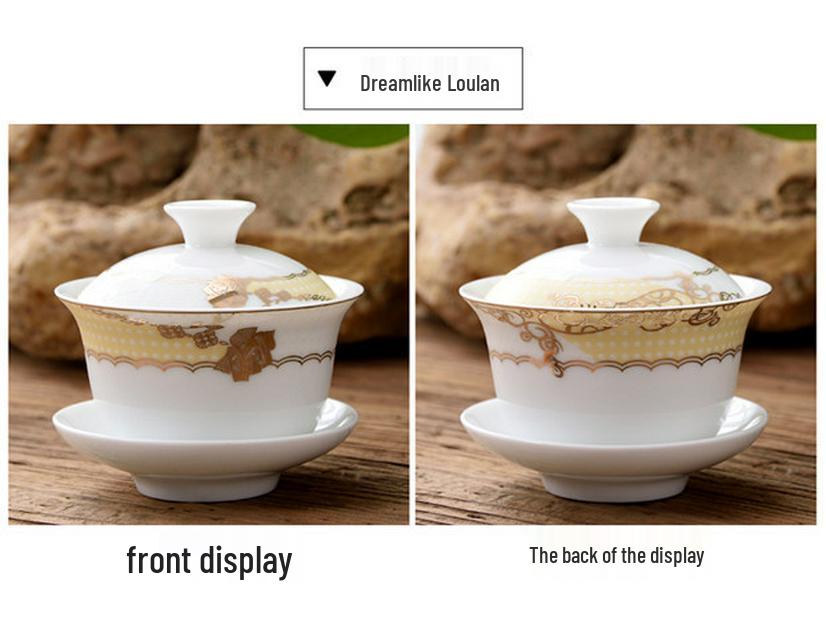 Blue and White Ceramic Gaiwan Tea Set: Small Tea Bowl & Tasting Cup with Concave Lid.