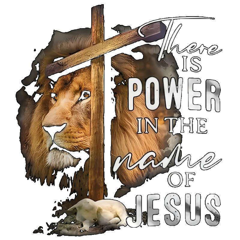 T-Shirt Schwarzer Löwe und Lamm mit Kreuz Es liegt Kraft im Namen Jesu Religiöses christliches Design für Kirchenveranstaltungen und glaubensbasierte Aktivitäten