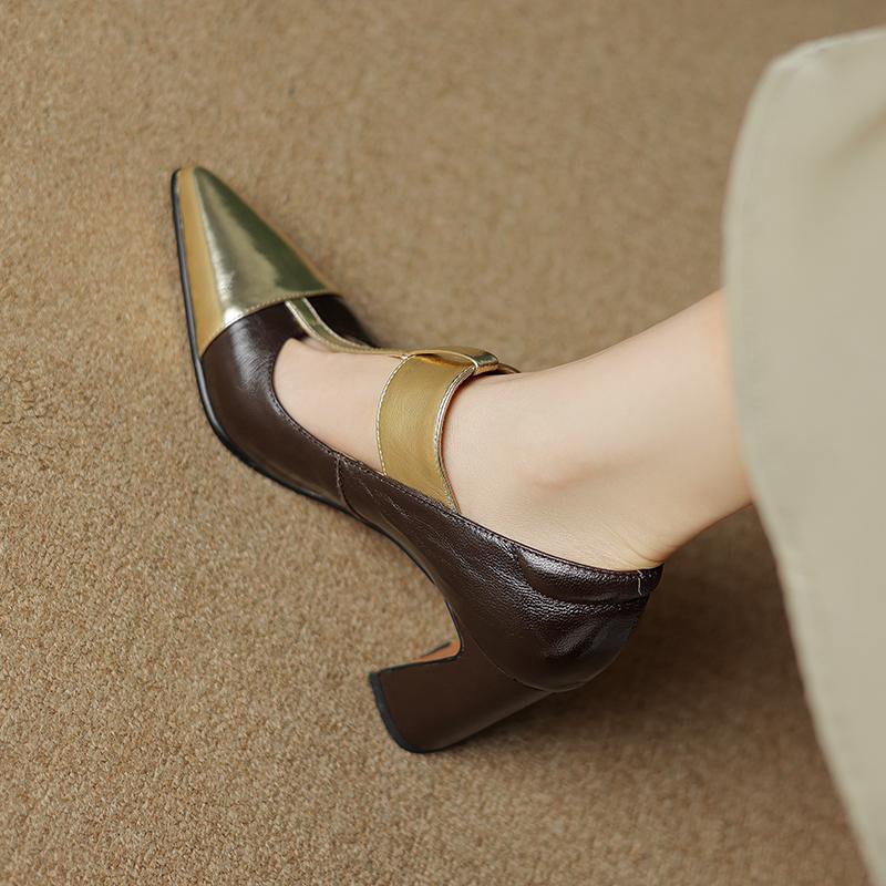 Fashion 2025 Spring Mary Janes Women Shoes Pointed Toe Chunky Heel Pumps Genuine Leather Shoes for Women Elegant High Heels Buckle Heels