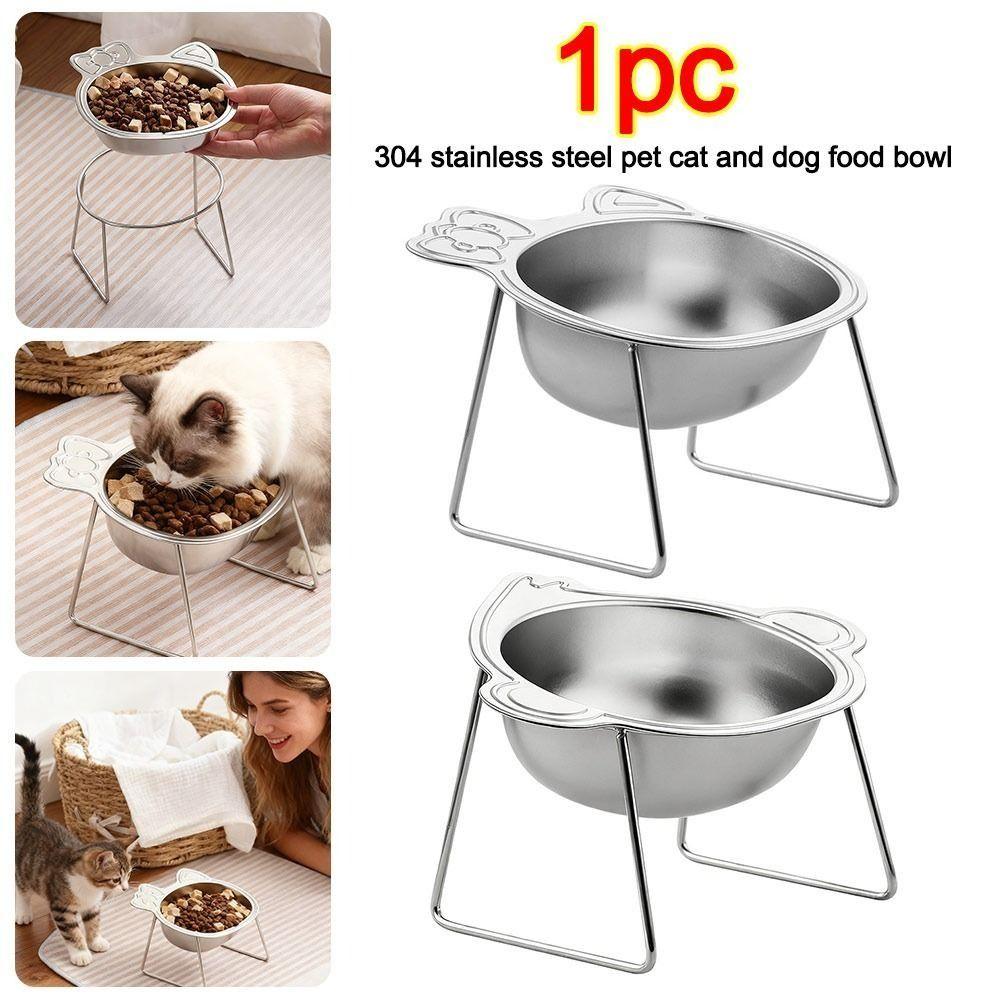 Cute Stainless Steel Raised Cat Bowl Slanted with Stand Cat Food Bowls Tilted Neck Guard Pet Feeder Pet Supplies