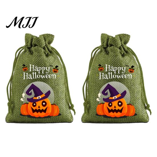 Small Storage for Candies 2Pcs Halloween Pumpkin Drawstring Bags Candy Treats, Retro Burlap Pattern Party Favors Trick or Treat Bags, Portable Goodie
