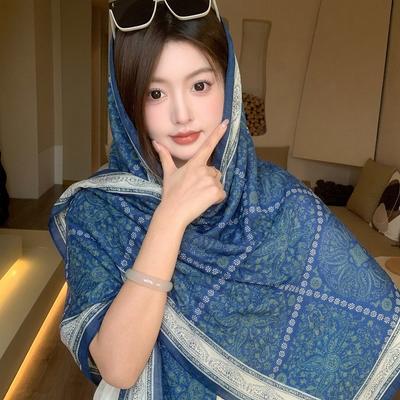 Spring, Autumn and Winter High-end Blue Imitation Silk Scarf Large Square Scarf Women's 111 Cashew Flower Satin Mother Scarf Shawl